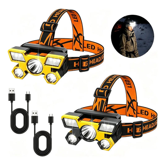 2pcs 5-led Rechargeable Headlamp Waterproof Outdoor Light