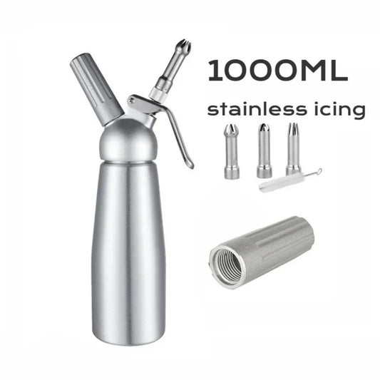 Professional 1L aluminum whipped cream dispenser with decorating nozzles