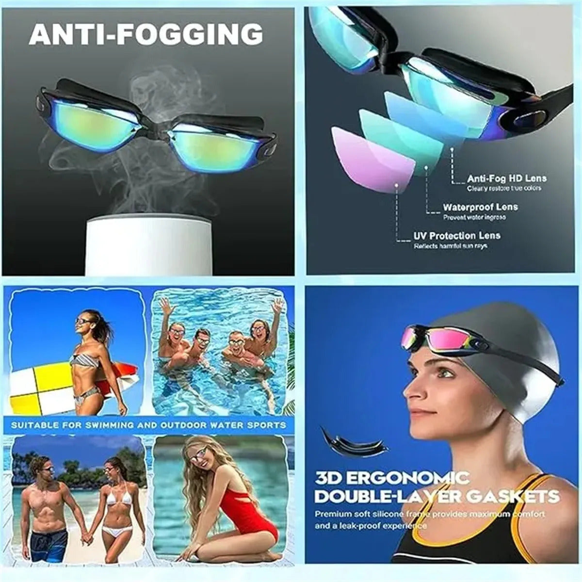4-in-1 Swimming Goggles Set Mirrored Hd Vision & Anti-fog