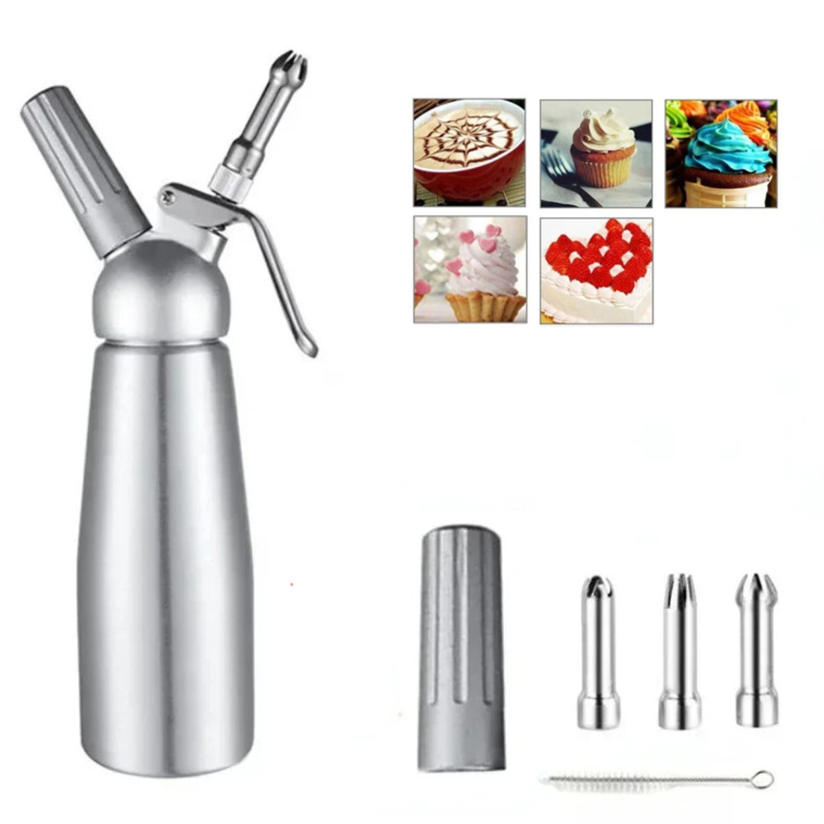 Professional aluminum whipped cream dispenser with decorating nozzles