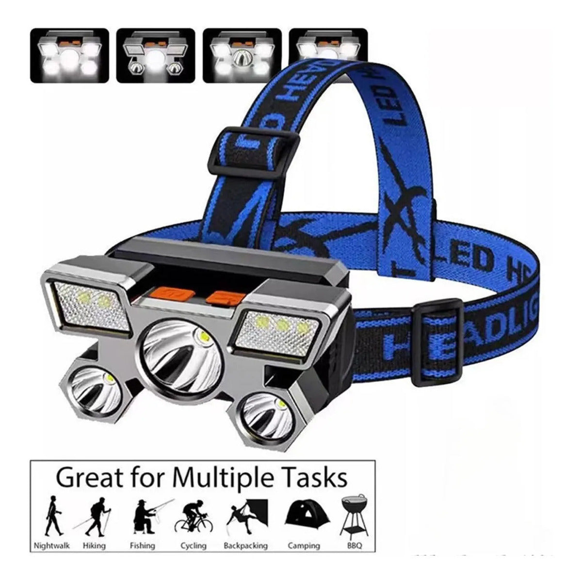 2pcs 5-led Rechargeable Headlamp Waterproof Outdoor Light