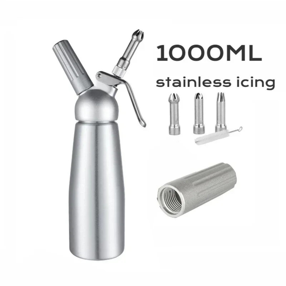 Professional 1L aluminum whipped cream dispenser with decorating nozzles