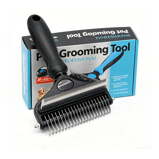 Professional 2-in-1 pet grooming dematting tool for dogs and cats with blue handle