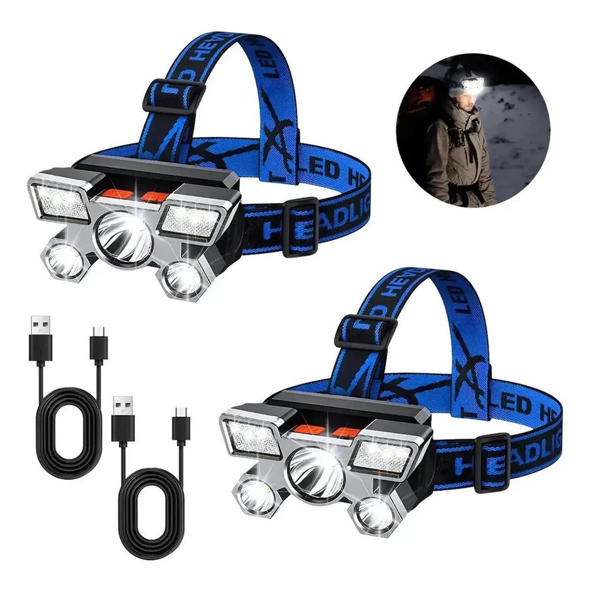 2pcs 5-led Rechargeable Headlamp Waterproof Outdoor Light