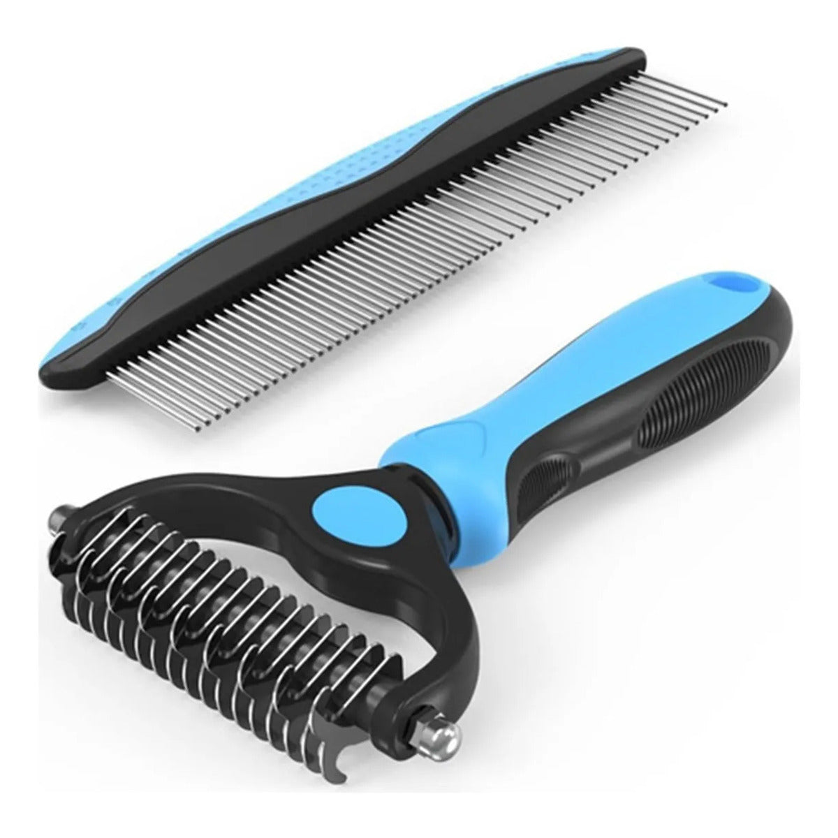 4 piece blue pet grooming kit including nail clippers, steel comb, and deshedding rake for dogs and cats
