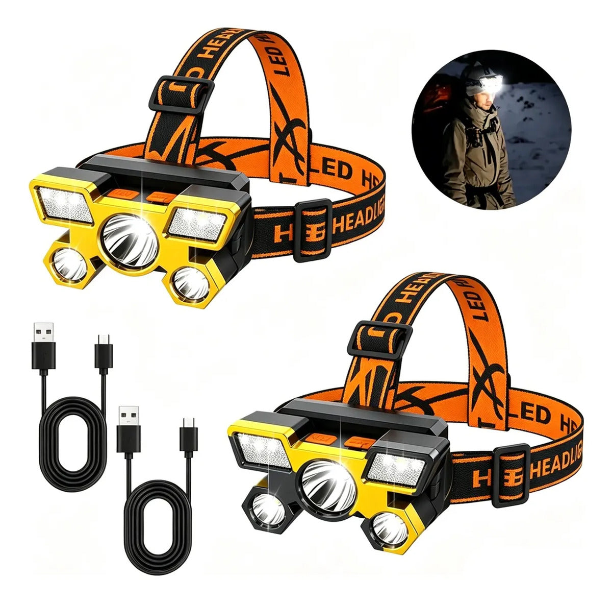 2pcs 5-led Rechargeable Headlamp Waterproof Outdoor Light