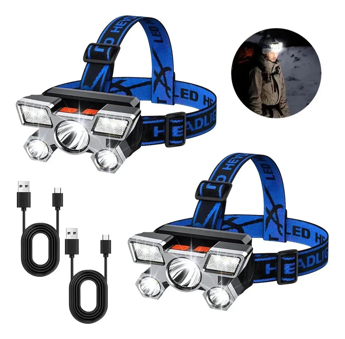 2pcs 5-led Rechargeable Headlamp Waterproof Outdoor Light