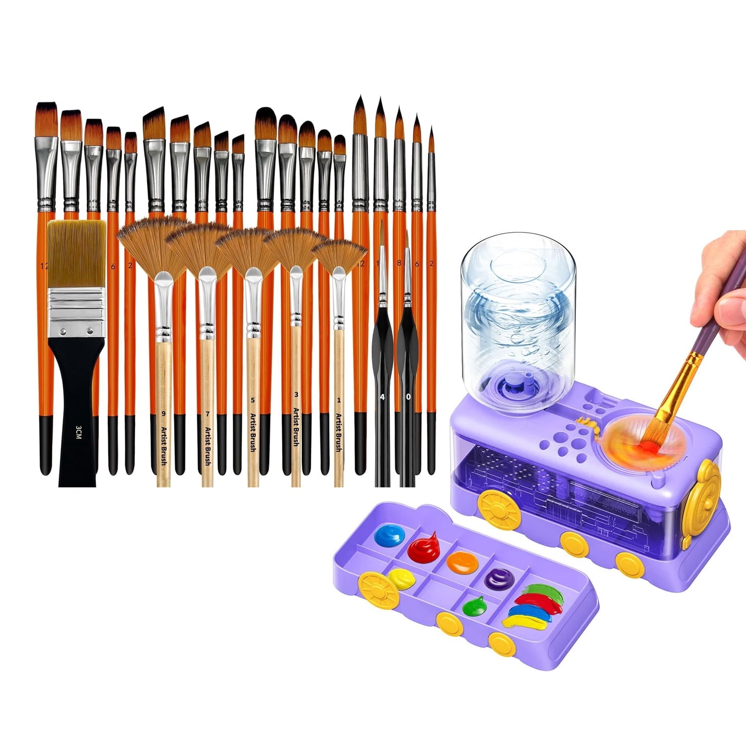 Carelif automatic paint brush cleaner station with 20 pieces professional nylon artist brushes and purple palette for acrylic painting