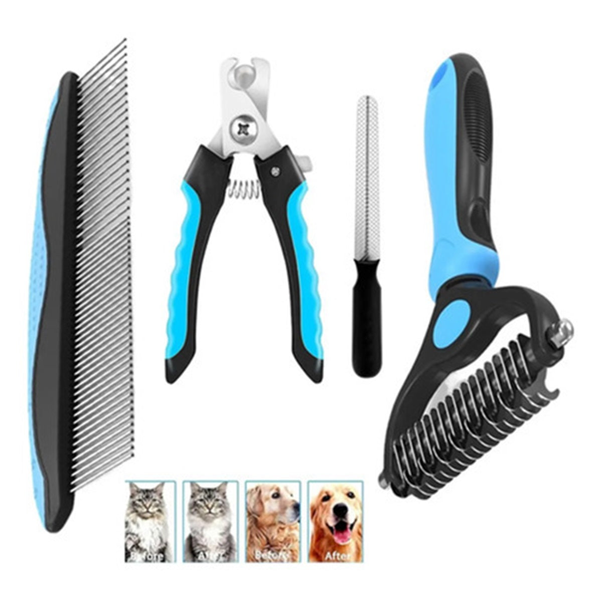 4 piece blue pet grooming kit including nail clippers, steel comb, and deshedding rake for dogs and cats