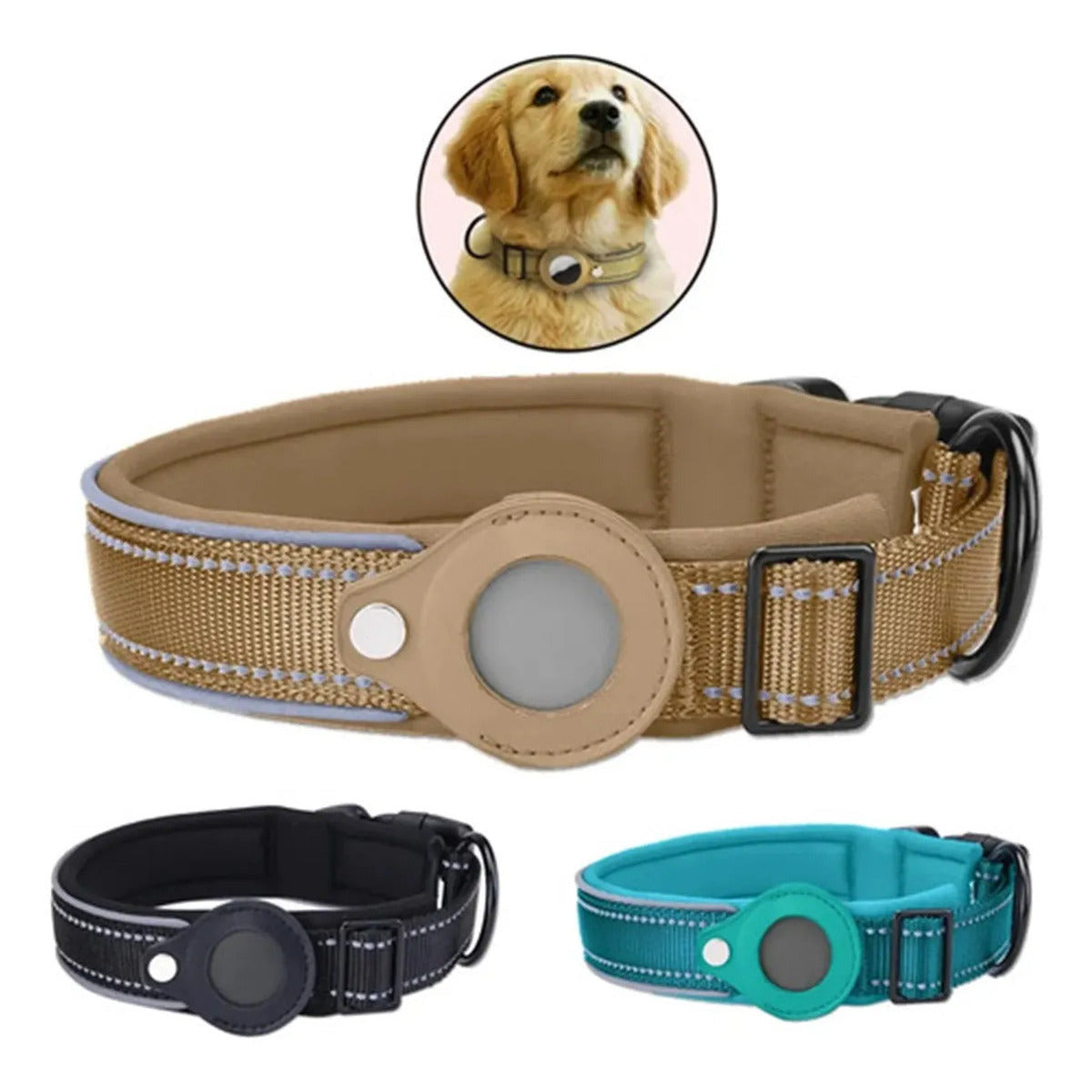 Dog wearing reflective AirTag tracking collar
